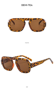Front and side views of demi-tea leopard print sunglasses with square frames