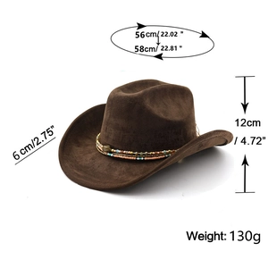 Detail of dark brown suede cowboy hat with colorful ethnic beads and size measurements