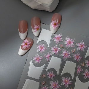 3D geprägte Blumen-Nagelaufkleber mit rosa Relief und Goldakzenten für französische Maniküre