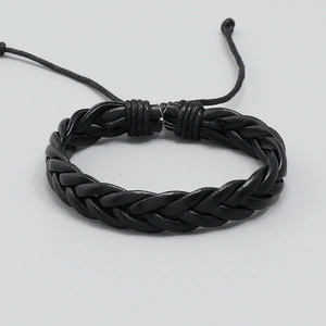 Handmade black braided leather bracelet for men with adjustable pull-cord knot design
