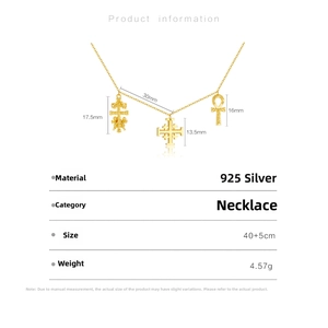 Detail view of gold S925 silver necklace with Ankh and cross pendants with dimensions