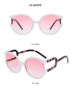 White round sunglasses with pink gradient lenses and leopard print temples seen from two angles
