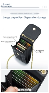 Detail view of leather crossbody phone bag showing internal 2 main pockets and 5 card slots