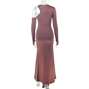 Back view of brown bodycon dress showing asymmetrical single shoulder and ruching