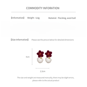 Detailed size chart for red flocking flower and white wool ball earrings with silver needle