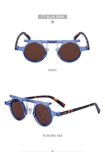 Detailed front and side views of round blue sunglasses with tortoise shell temples and star accents