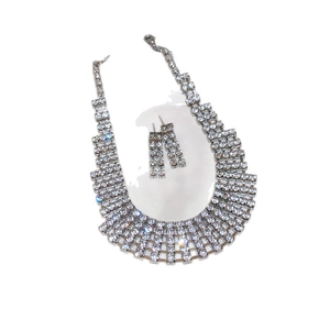 Elegant silver-tone rhinestone jewelry set with wide choker necklace and long drop earrings