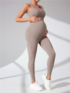 Two-piece maternity activewear set with seamless support bra and leggings in taupe
