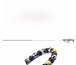 Detail view of 8mm tiger eye and hematite beads with dimension and size specifications