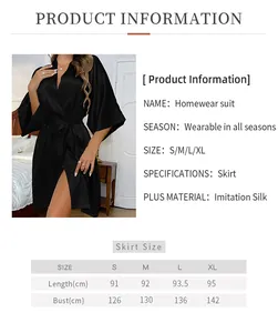 Detailed size chart for the women's imitation silk bathrobe in sizes S to XL