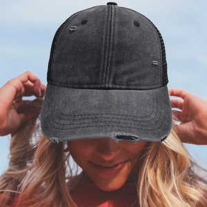 Distressed dark grey mesh trucker hat with vintage torn brim for outdoor sports