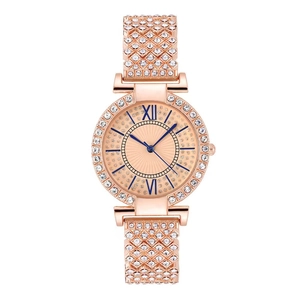 Elegant rose gold women's watch featuring a crystal-encrusted bezel and Roman numerals