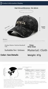 Tableau détaillé des tailles pour casquette de baseball rétro réglable de 56 à 60 cm