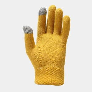 Detail of ginger yellow knitted gloves with gray touchscreen-compatible fingertips