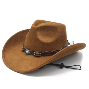 Western Cowboy Hat Faux Suede Wide Brim With Turquoise Wood Beads And Adjustable Windproof Rope Vintage Style Women Men