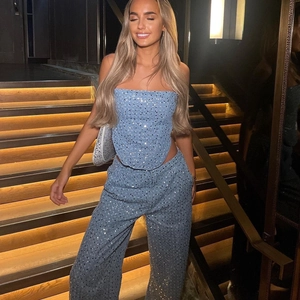 Ensemble Paillettes Femme Top Bustier Et Pantalon Large Fête Glamour Streetwear Bleu Noir Tenue Brillante