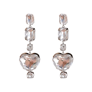 Elegant rhinestone heart drop earrings with silver finish in a luxury linear design