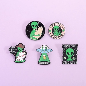 Cartoon Alien and UFO Enamel Pins Set with Funny Quotes on Lavender Background