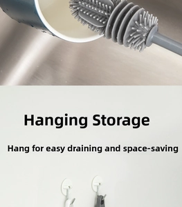 Long handle silicone cleaning brush shown inside a cup and hanging for easy storage