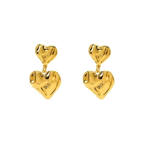 18K gold-plated titanium steel heart earrings with hammered texture dangling from a stud