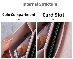 Detail view of pink leather wallet showing card slots and snap button coin pocket