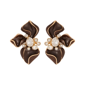 Vintage gold-rimmed flower earrings with dark brown enamel and sparkling crystals