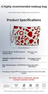 Detailed size chart for linen makeup bag featuring red heart and cherry patterns