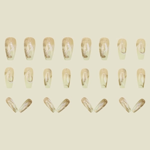 Short coffin press-on nails set with gold glitter and brown abstract french patterns