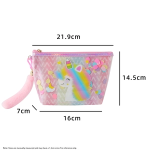 Pink unicorn makeup bag with glitter details and plush tail charm featuring size dimensions