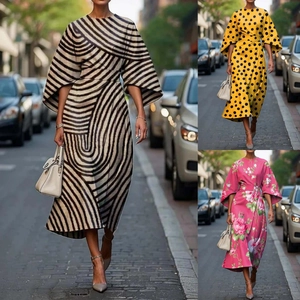 Robe Élégante Imprimée Femme Polyester Col Rond Manches Chauve Souris Taille Cintrée Midi Style Long Pour Bureau Vacances