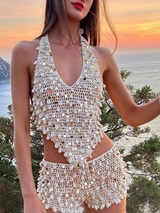 Two-piece crochet beach set with sequined shells and backless halter top in off-white