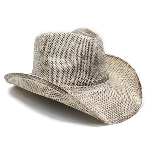 Close-up of a brown woven straw cowboy hat with a wide brim and classic pinched crown