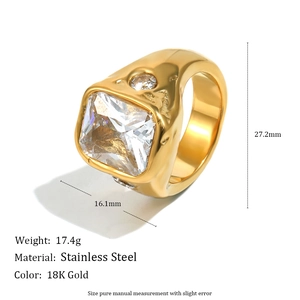 18K gold plated stainless steel ring with square cubic zirconia stone in vintage style