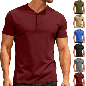 Men Henley T-Shirt Short Sleeve V Neck Button Placket Polyester Spandex Breathable Slim Fit Casual Sports Top