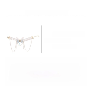 Detailed specs of lace choker necklace with blue butterfly pendant and pearl chain