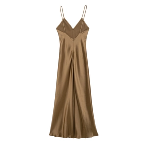Detail view of the brown satin maxi dress showing the low V-back and delicate spaghetti straps