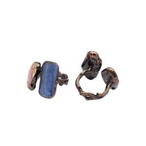Vintage bronze branch texture rings featuring natural blue and brown raw stones