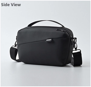 Side view of black water-resistant sports crossbody bag with adjustable strap and Sport label