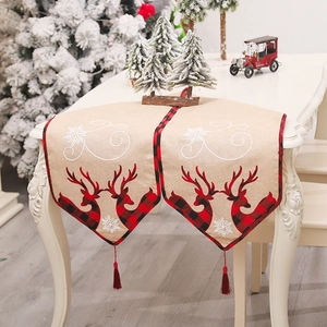 Christmas Table Runner Reindeer Snowflake Embroidery Faux Linen Buffalo Plaid Border With Tassels Holiday Home Decor