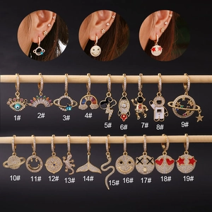 Gold Plated Copper Hoop Earrings Zircon Enamel Charm Planet Astronaut Rocket Evil Eye Smiley Face Snake Fish Tail