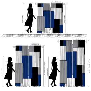 Size chart for geometric polyester curtains showing dimensions for three various heights