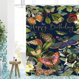 Waterproof shower curtain with blue butterfly print and Happy Birthday lettering design