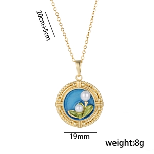 Golden flower necklace with blue enamel pendant, pearls and 20cm+5cm chain specs