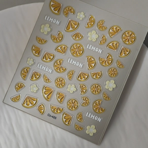 Detailed 3D relief nail art stickers featuring yellow lemon and daisy patterns, model Co-488