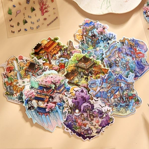Miniature landscape sticker book featuring Chinese mythological architecture and characters