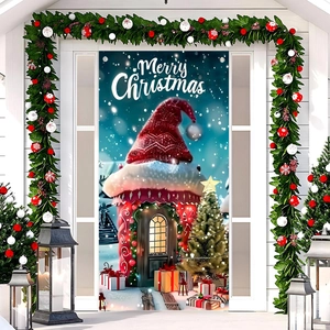 Merry Christmas door banner with hat-house and tree design hanging on a white front door