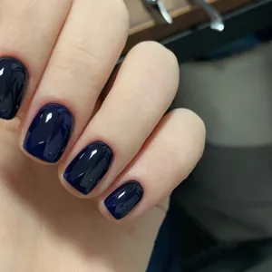 Dark Blue Press On Nails Short Square Round Glossy Mirror Finish Detachable Solid Color Elegant Artificial Nails