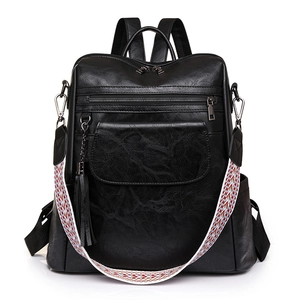 Vintage large capacity black faux leather backpack for women with colorful woven strap