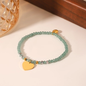 French vintage beaded bracelet with green natural stone and gold heart pendant for women
