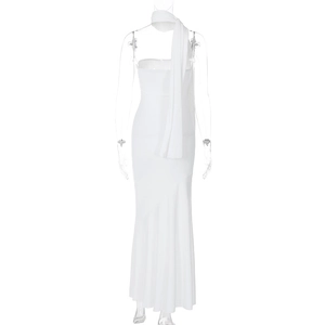Front view of a slim-fit white tube midi dress featuring a mermaid hem and matching shawl